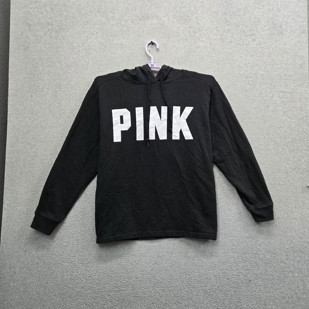 PINK Victoria's Secret Women Hoodie‎ M Black Graphic Fleece Logo